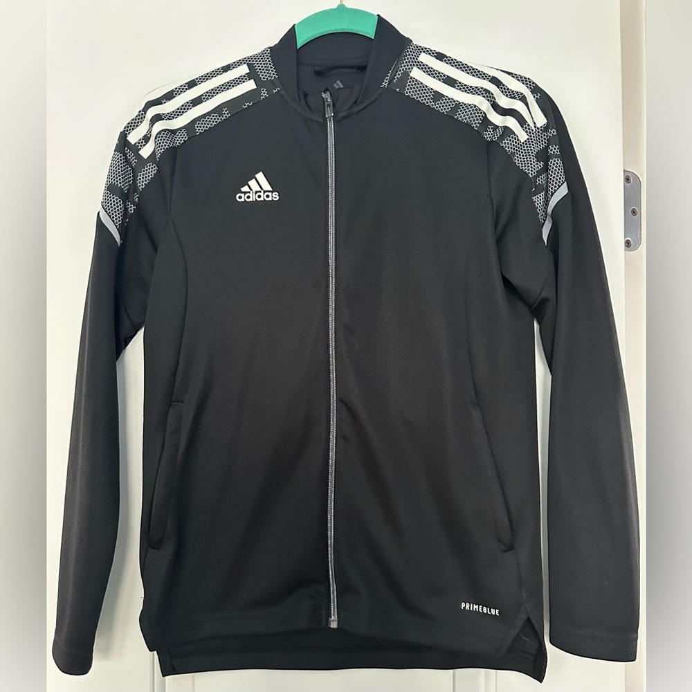 ADIDAS Size 11/12Y Boys Black Athletic Jacket with White Stripes and Pockets